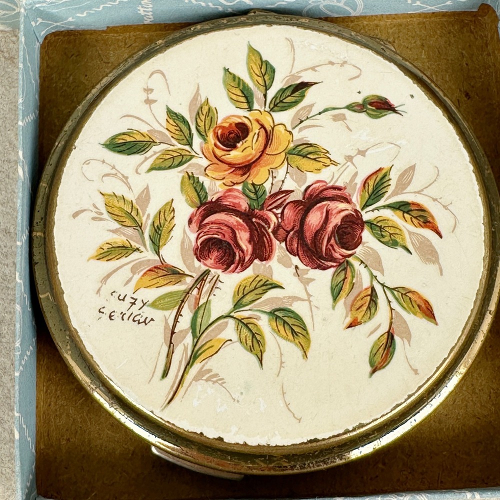 Vintage Stratton Hand Painted Roses Powder Compact Signed Suzy Seriau w/ Box - Picture 2 of 11